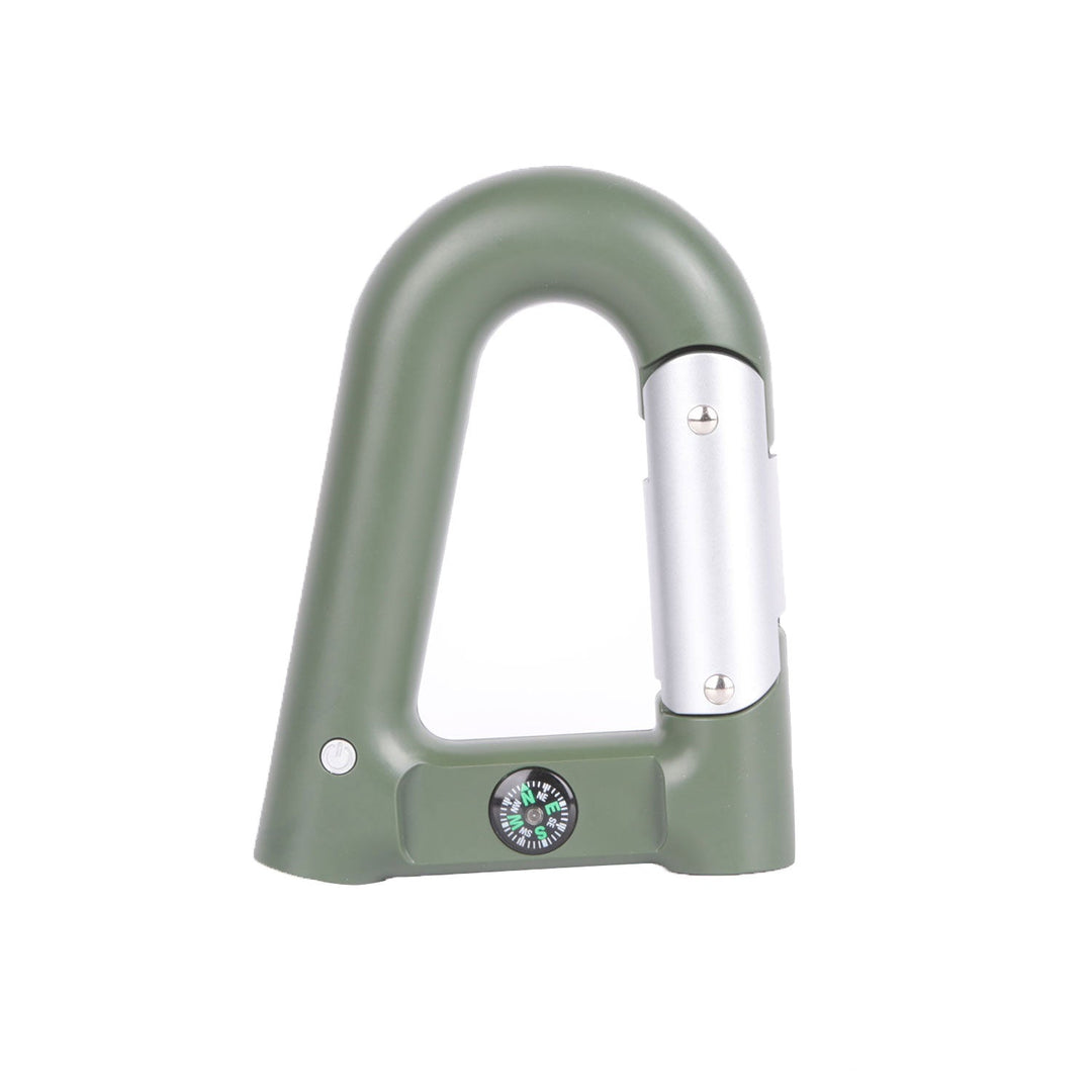 Green carabiner-shaped power bank with silver side module and compass dial