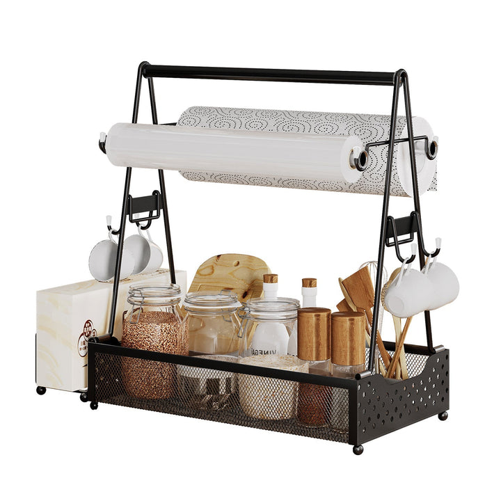 Metal grill utensil caddy with paper towel roll holder and side hooks, black frame