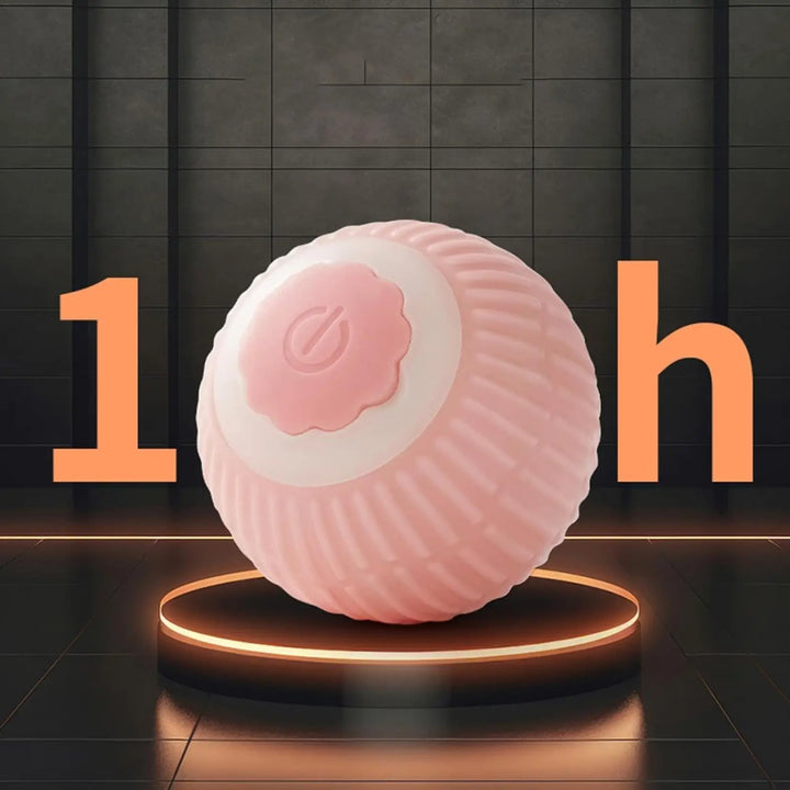 Pink glowing rolling pet ball on a lit base, power button on top