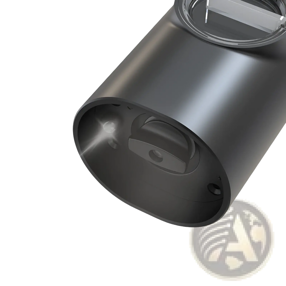 Black rechargeable electric grinder, close-up of side controls and charging port
