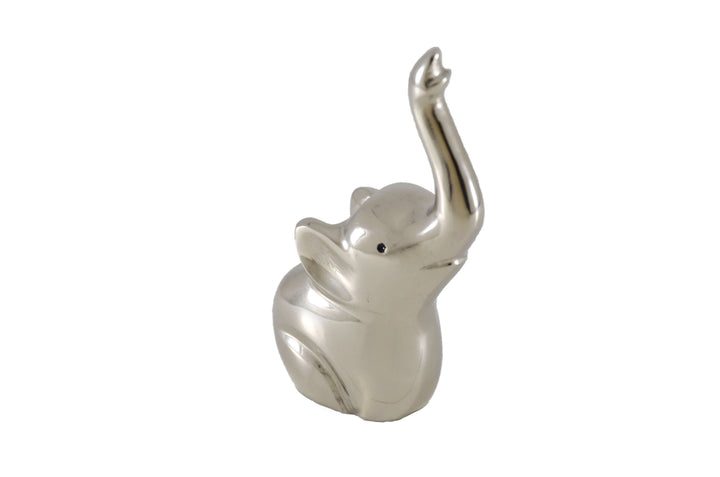 Silver elephant ring holder figurine, centered view, raised trunk