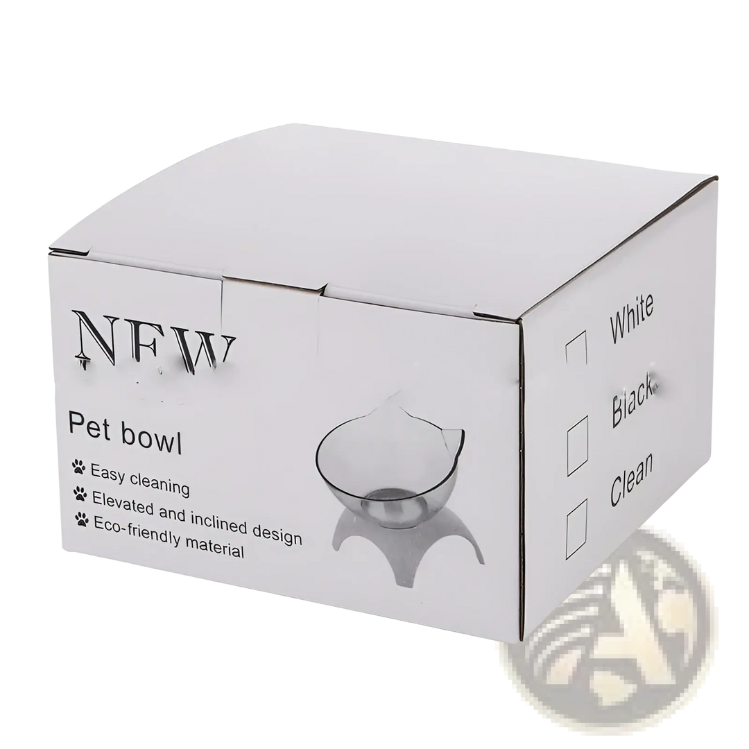 White double cat bowl feeder stand box with tilted pet bowl illustration