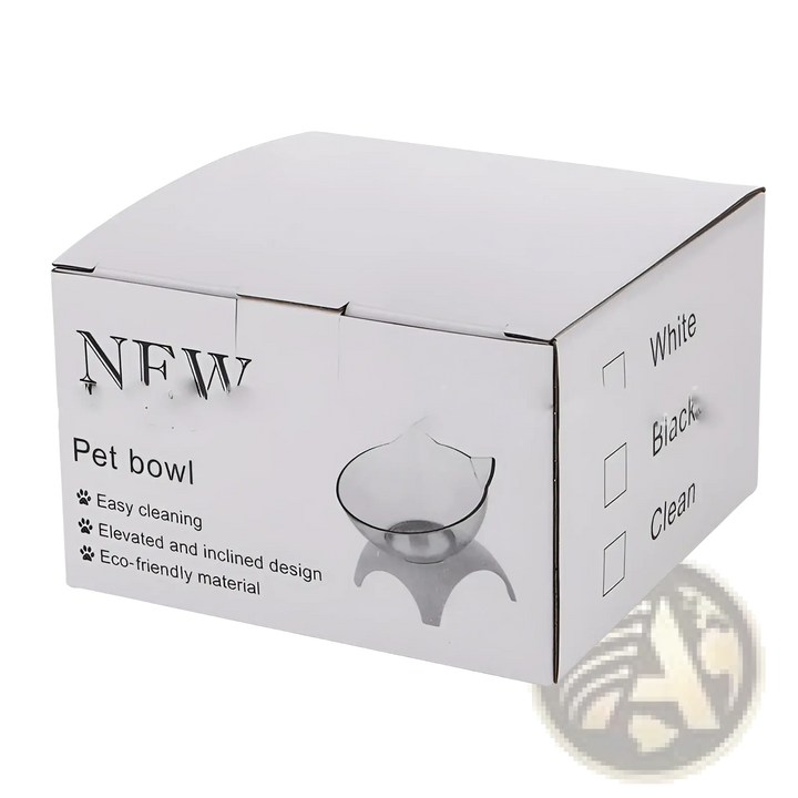 White double cat bowl feeder stand box with tilted pet bowl illustration