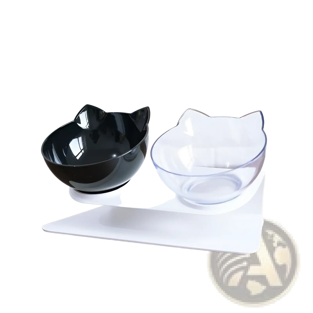 Elevated double cat bowl feeder stand with black bowl and clear transparent bowl