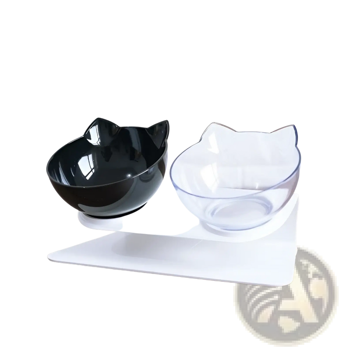 Black and transparent elevated double cat bowls on white tilted feeder stand