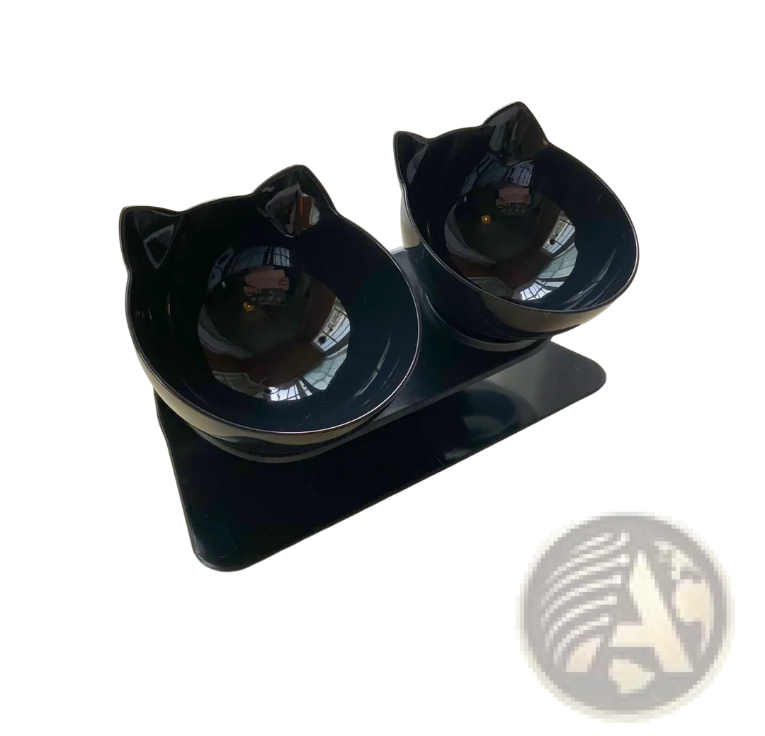 Black elevated double cat bowl feeder stand with two glossy bowls on tilted base