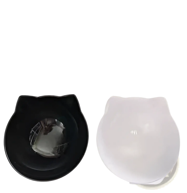 Tilted double cat bowl feeder stand with one black and one white bowl