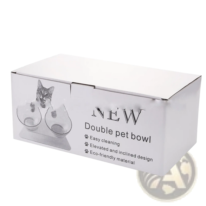 White packaging box for elevated double cat bowl feeder stand with tilted design