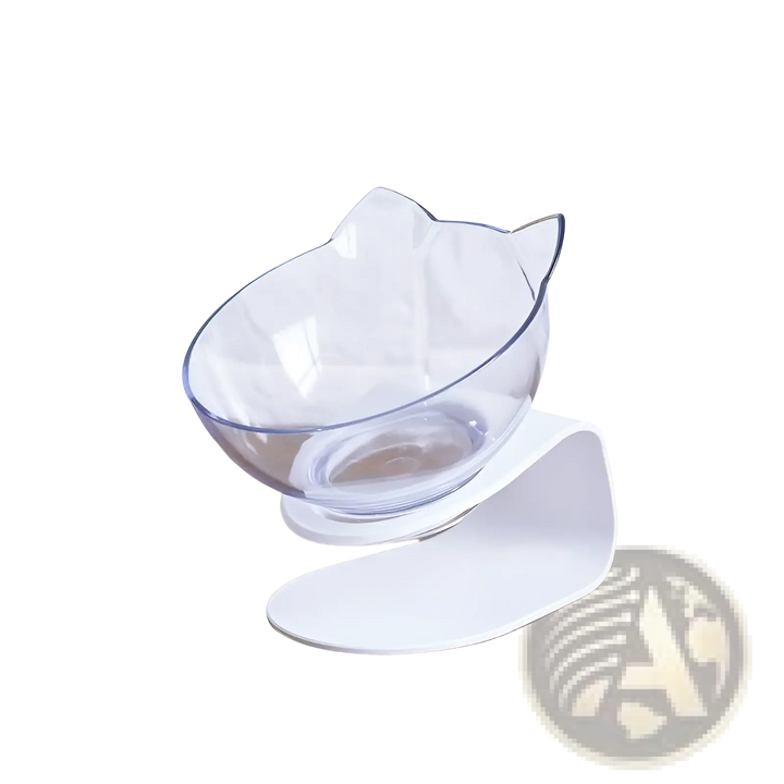 Tilted double cat bowl feeder stand with clear bowls and white base