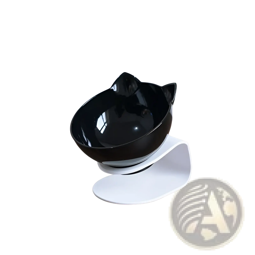 Single elevated cat bowl on white tilted stand with dark glossy bowl