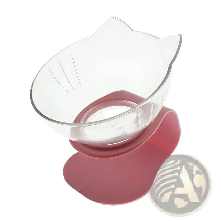 Tilted double cat bowl feeder stand with clear bowls and pink base