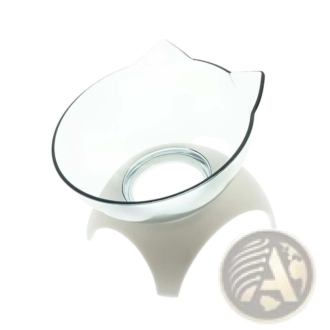 Clear elevated cat bowl insert on white tilted feeder stand with curved rim