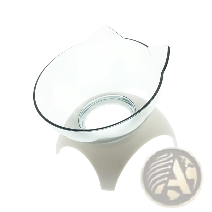 Clear elevated cat bowl insert on white tilted feeder stand with curved rim