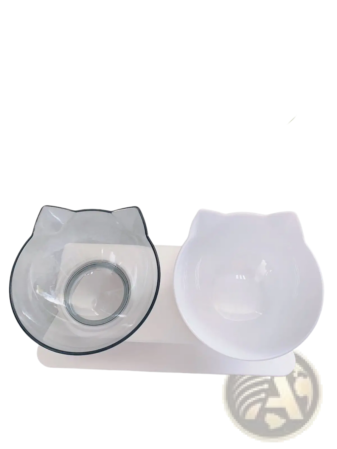 Double cat bowl feeder stand with clear and white tilted bowls, 15° base