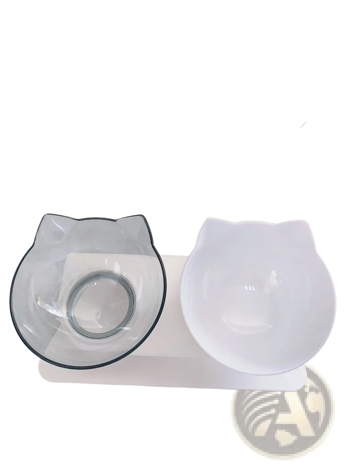 Double cat bowl feeder stand with clear and white tilted bowls, 15° base