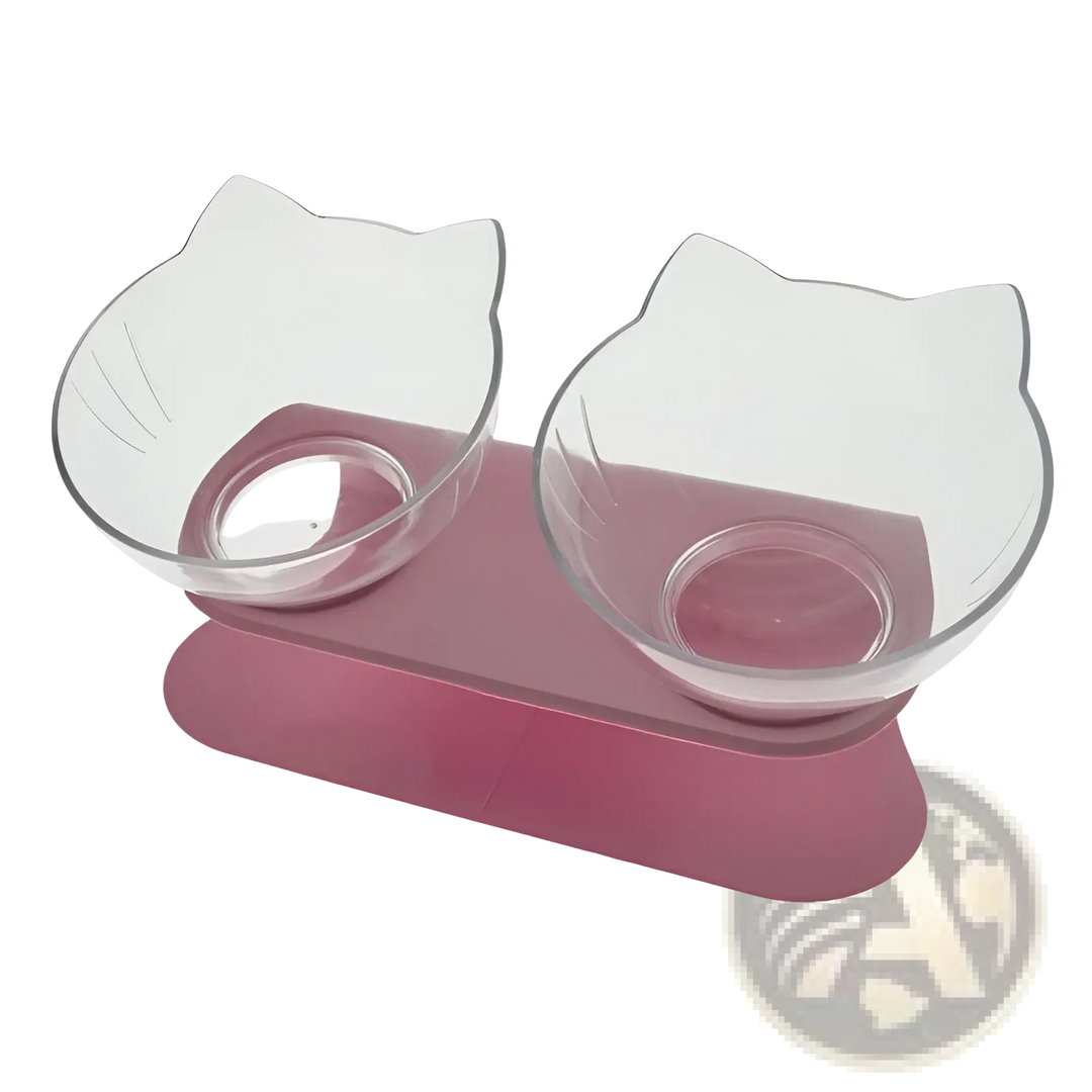 Tilted double cat bowl feeder stand with clear bowls and pink base