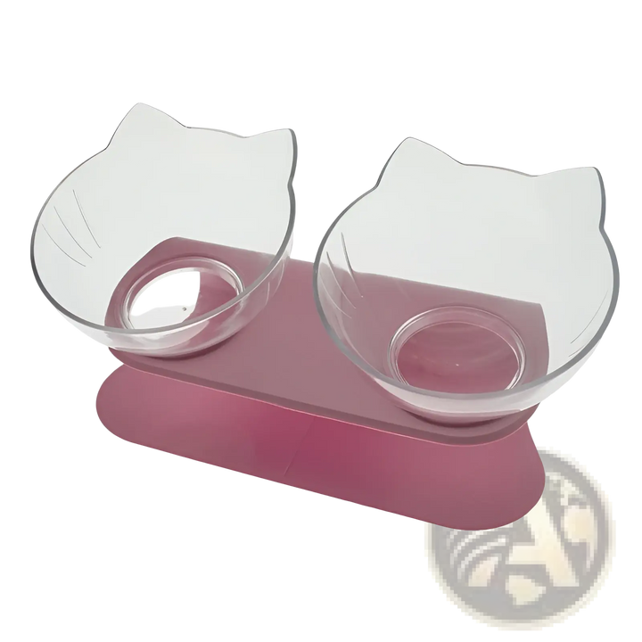 Tilted double cat bowl feeder stand with clear bowls and pink base