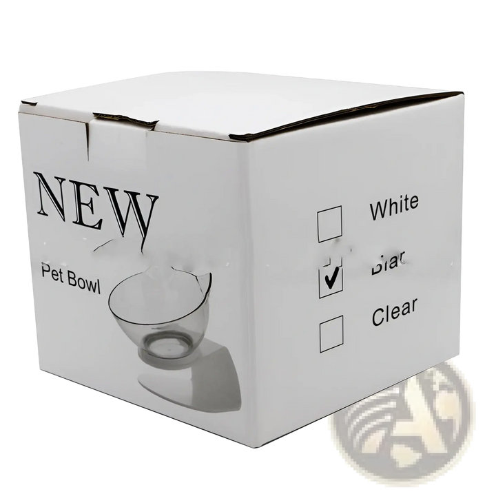 White retail box for tilted cat bowl feeder stand with 15° angle base