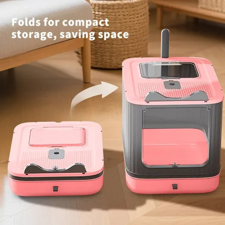 Pink enclosed cat litter box with dual entry drawer design and side handle