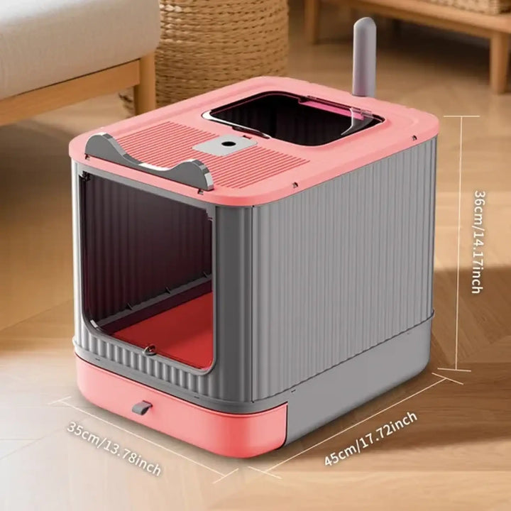 Pink and gray enclosed cat litter box with open side door and top entry window