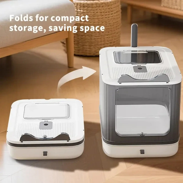 Compact folding white cat litter box with hinged lid and side storage design