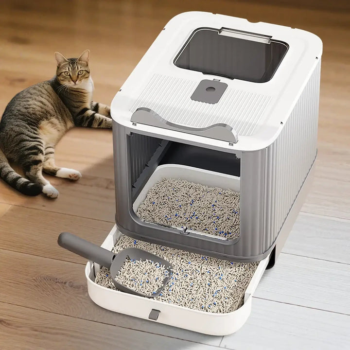 Elevated white cat litter box with top access door and removable front drawer