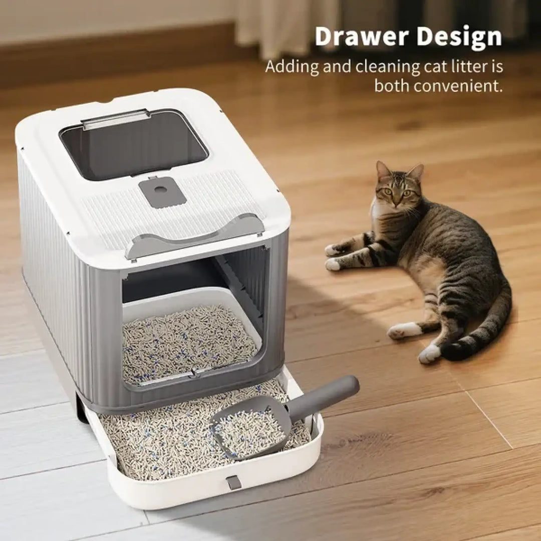 White cat litter box with open top hatch and front drawer for easy cleaning