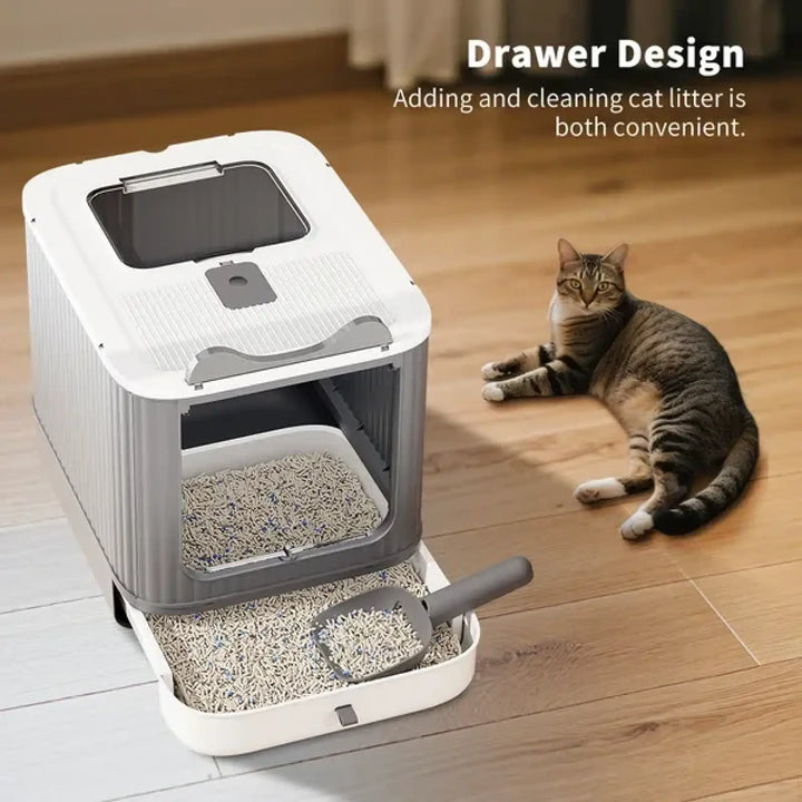 White cat litter box with open top hatch and front drawer for easy cleaning