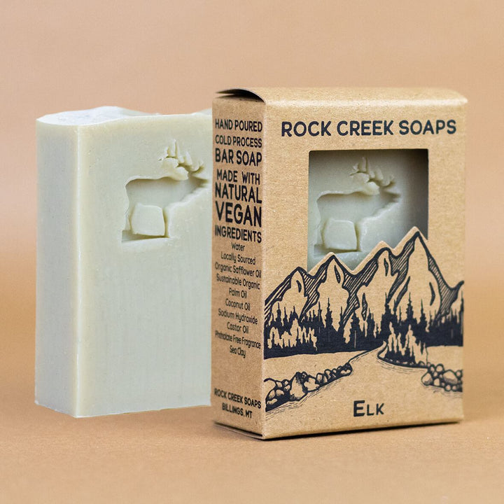Lavender and sage soap bar set with elk graphic box and two white bars