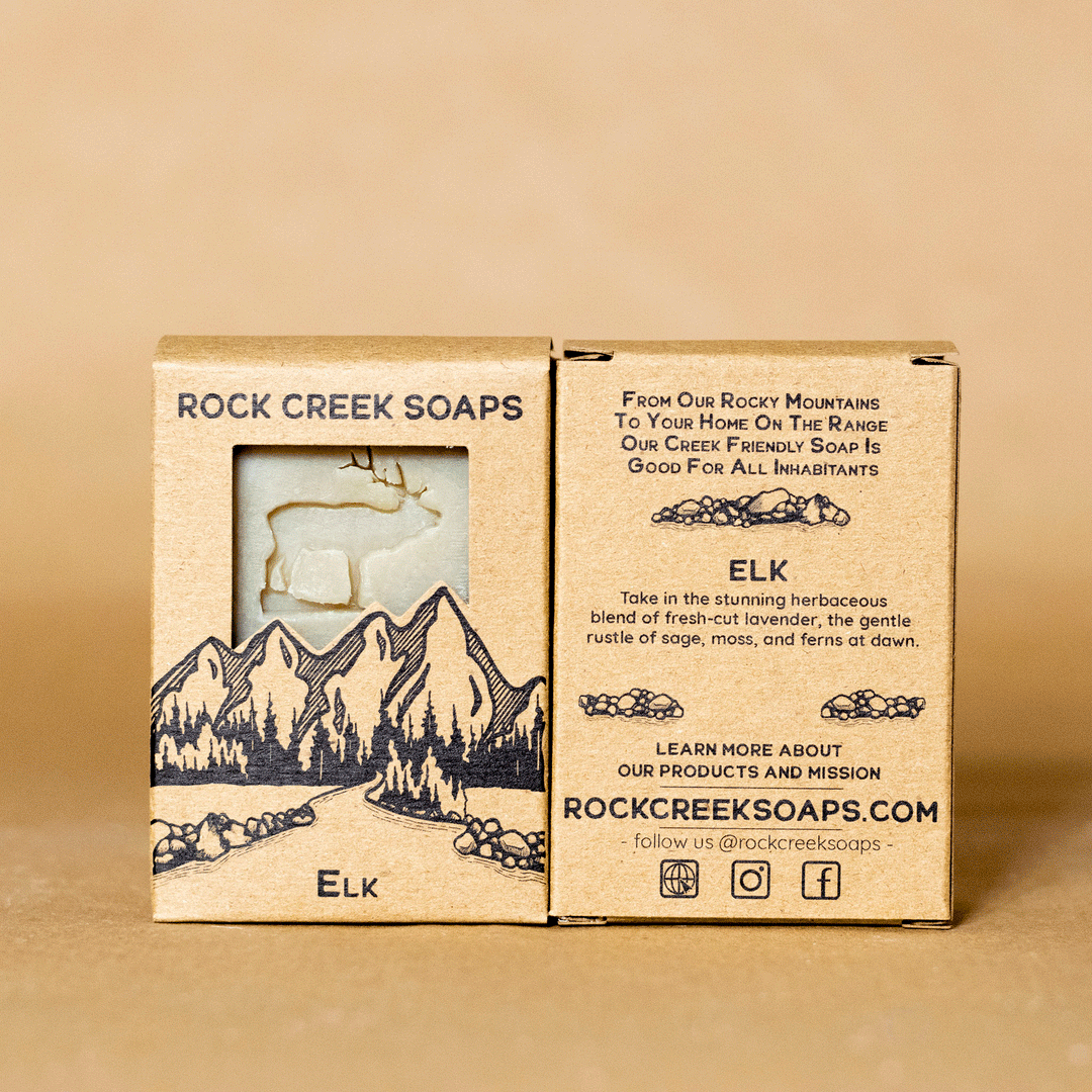 Lavender and sage elk-themed soap box with plain white soap bars
