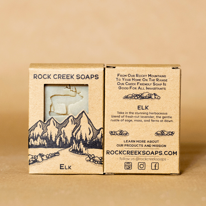 Lavender and sage elk-themed soap box with plain white soap bars