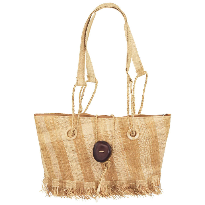 Tan raffia tote bag with braided handles and dark button front