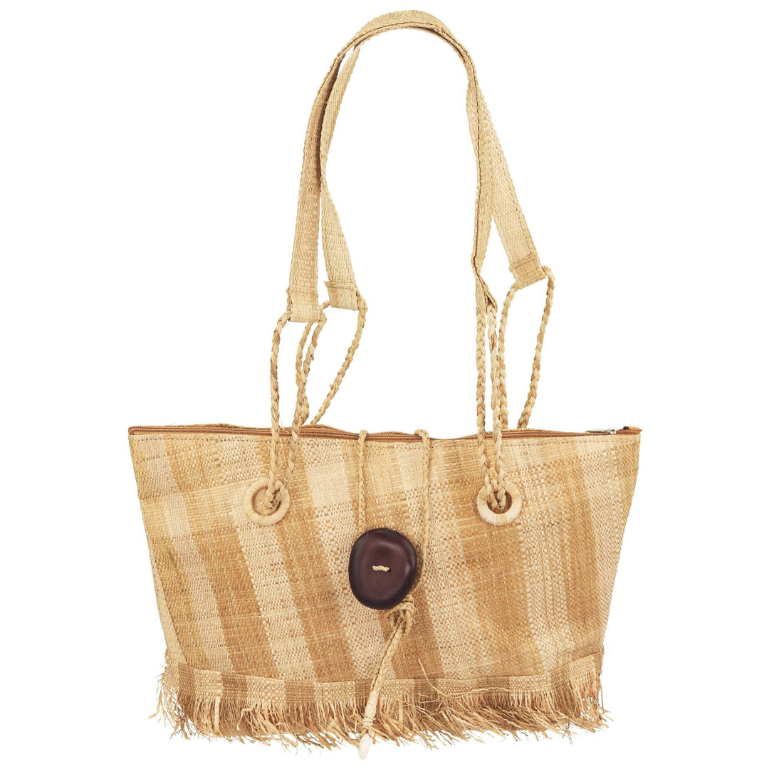 Tan raffia tote bag with braided shoulder handles and dark button front