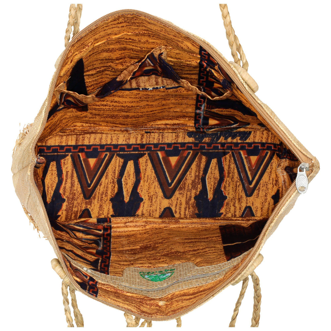 Open raffia tote bag interior with patterned lining and top drawstring