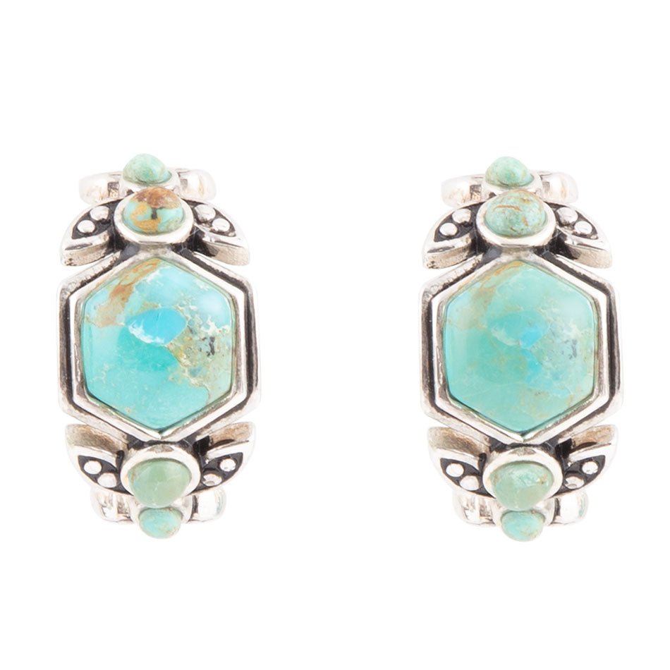 Sterling silver turquoise gemstone hoop earrings with octagon center stone and green accents