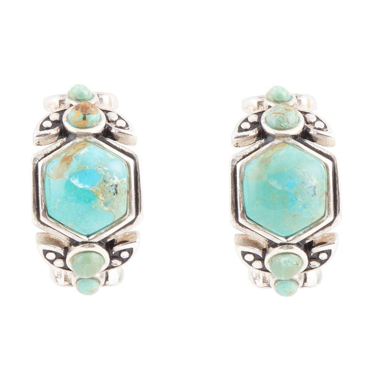 Sterling silver turquoise gemstone hoop earrings with octagon center stone and green accents