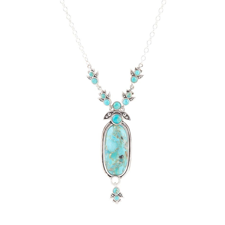 Sterling silver pendant necklace with oval blue turquoise center and small turquoise accents