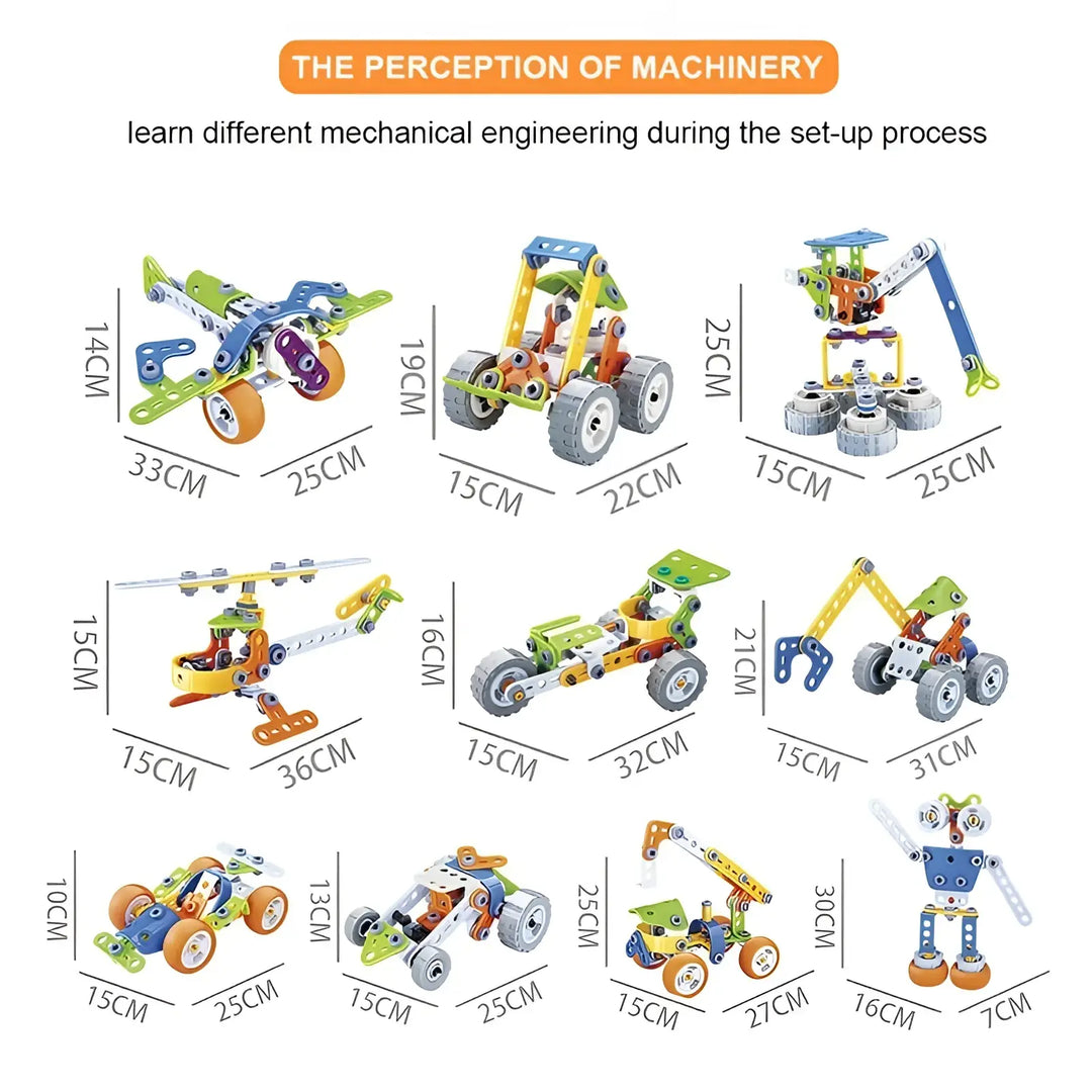 10-in-1 robot vehicle building block set, multiple models with size labels