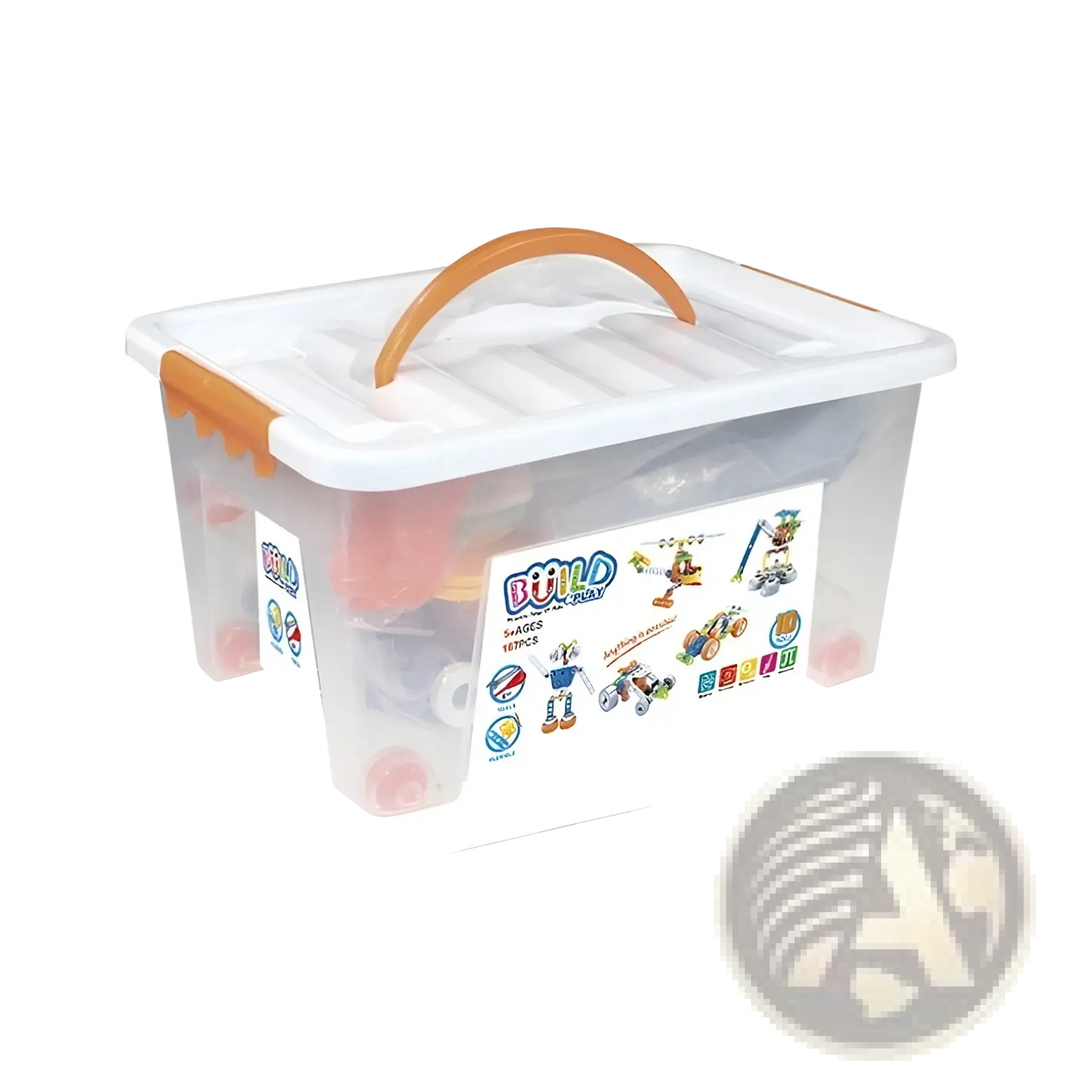 Robot building block set storage bin with handle and build-piece contents