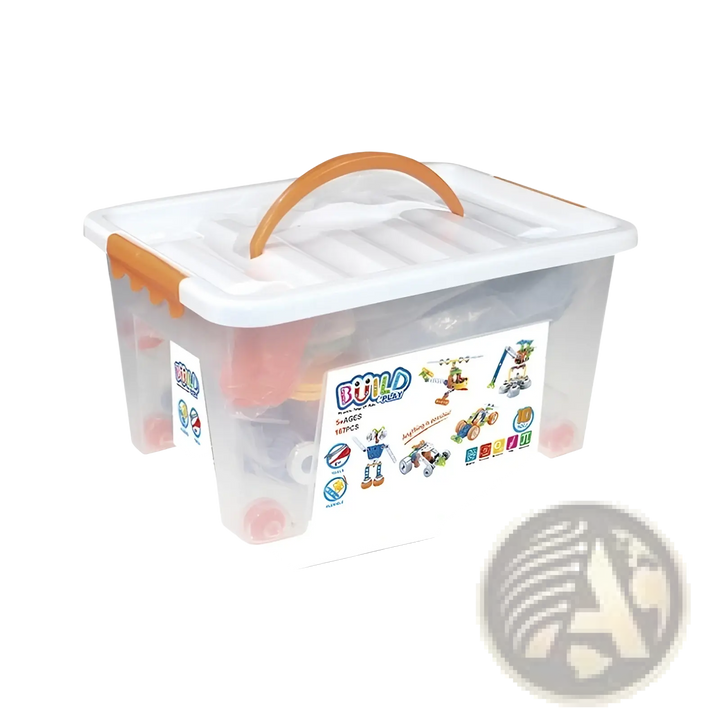 Robot building block set storage bin with handle and build-piece contents