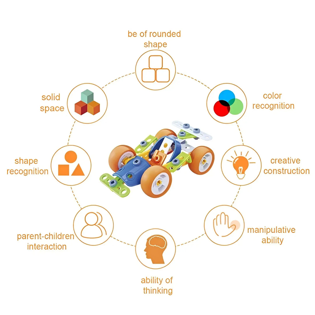 Robot vehicle building block set benefits infographic around assembled toy