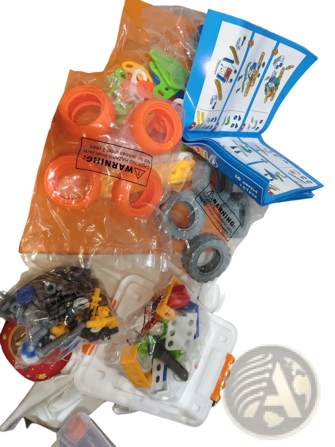 Robot building block parts in sealed bags with instruction cards and booklets