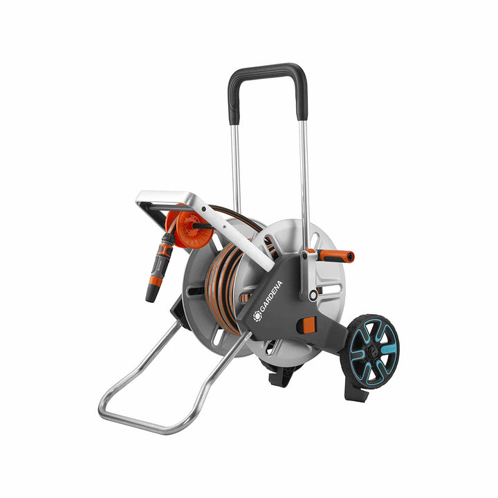 Metal hose reel cart with gray frame, hose guide, and 82 ft orange garden hose
