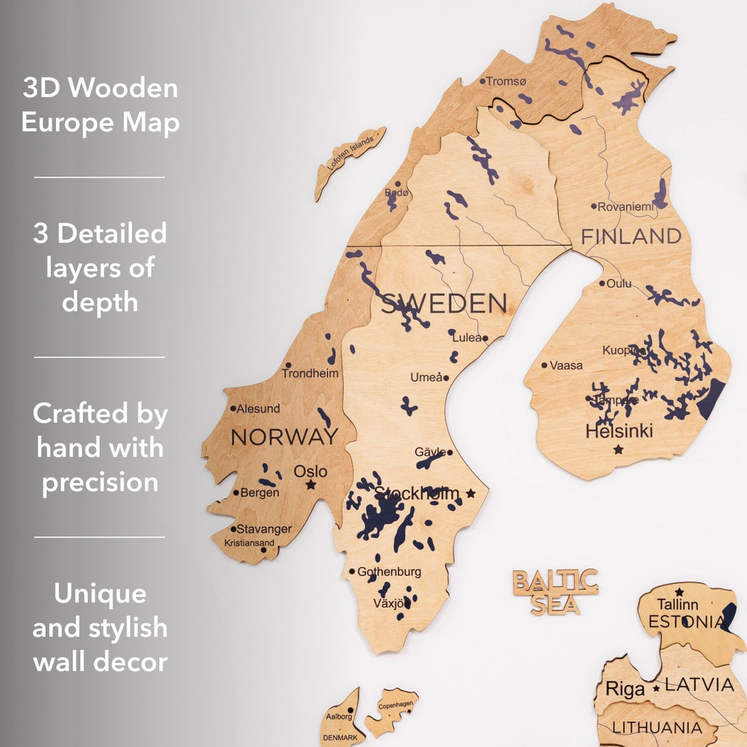 3D Europe wooden wall map, gold-toned, with blue country labels and raised layers