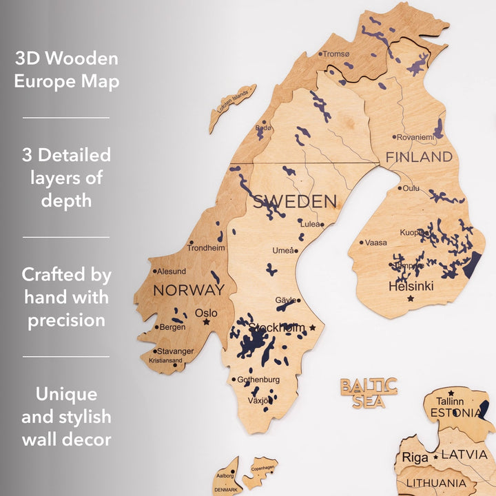 3D Europe wooden wall map, gold-toned, with blue country labels and raised layers