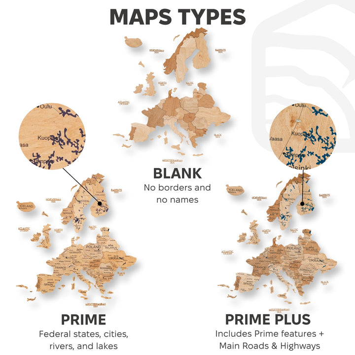 3D Europe wooden map design sheet showing blank, prime, and prime plus styles