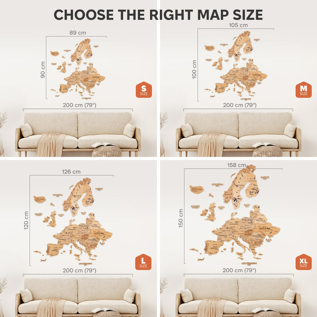 3D Europe wooden wall map with size guide for S to XL options