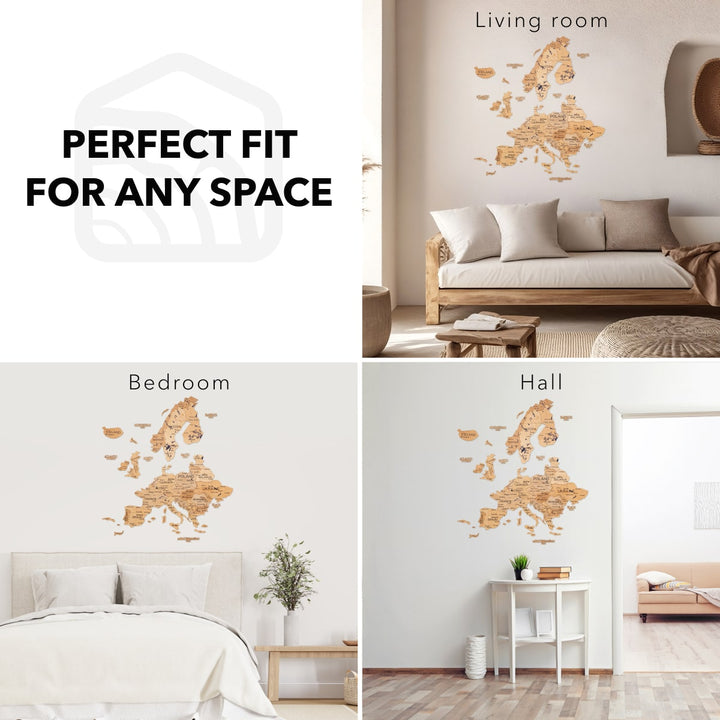 3D Europe wooden wall map decal, gold-toned with blue country names on interior wall
