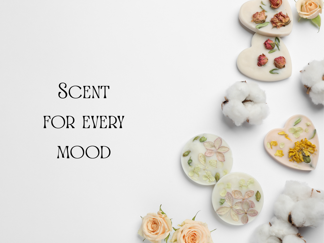 Lavender wax sachets with floral botanicals arranged on white background