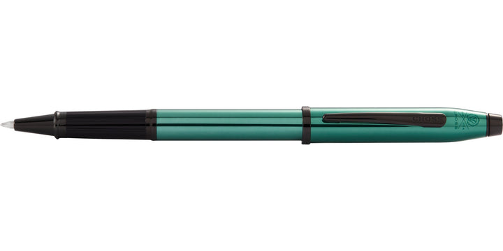 Translucent green rollerball pen with black tip, shown in profile